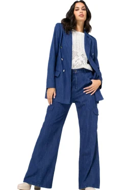 1816-24 / Licht Aansluitende Lange Soepele Jeansblazer><noscript><img width=