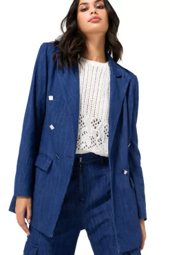 1816-24 / Licht Aansluitende Lange Soepele Jeansblazer><noscript><img width=