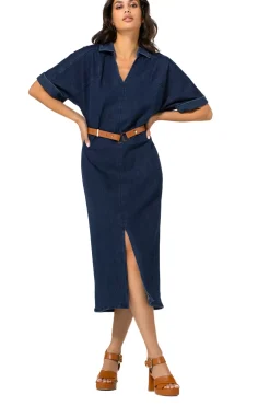 1114-23 / Rechtvallende Midi Jurk In Jeans Met Stretch><noscript><img width=