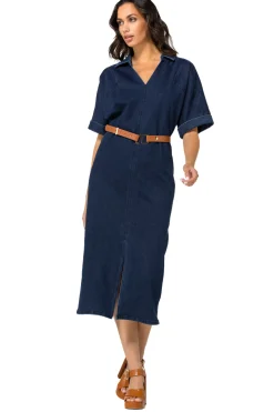 1114-23 / Rechtvallende Midi Jurk In Jeans Met Stretch><noscript><img width=
